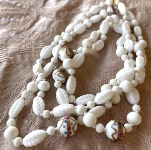 VTG White Milk Glass Venetian Wedding Cake Beads Necklace Long Strand Flapper - Picture 1 of 4