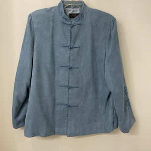 Kenku Damen asiatische Wildlederjacke mit Mandarinkragen und Stickerei, hellblau, L - Bild 1 von 11