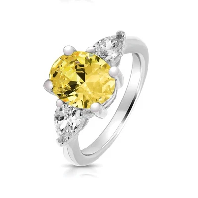 Anillo trilogía de plata de ley 10x8 mm amarillo ovalado piedras preciosas 6x4 mm hombros de pera Foto 1 de 4