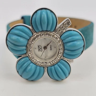 Reloj Mujer Suzanne Somers 38MM Estuche Forma Flor Correa Cuero Azul Batería Nueva Foto 1 de 4
