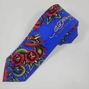 Ed Hardy By Christian Audigier Tie Dragon & Roses, Blue Red Necktie 59"x3" - Picture 1 of 8