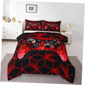Gaming Bedding Set - Neon Geometry Kids Comforter with 3D Geometric Queen Red - Picture 1 of 8