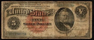 $5 1886 Silver Cert, Fr. 262 MORGAN SILVER DOLLAR BACK Cheap + Iconic Fine - Image 1 of 2