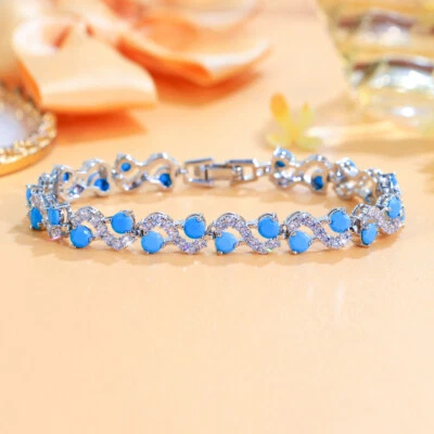 Silver Plated Cubic Zirconia Blue Turquoise Round Tennis Bracelet Classy Jewelry - Image 1 of 4