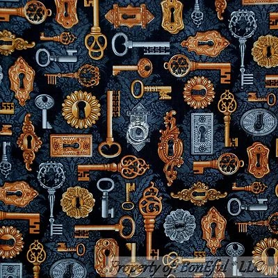 BonEful FABRIC FQ Cotton Quilt VTG Black Gold Gray KEY Toile Damask Flower SALE - Image 1 of 4