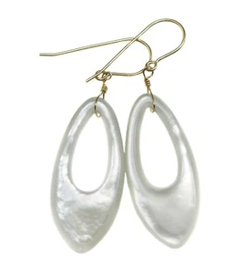 Mother of Pearl White Shell Earrings Oval Long Drops MOP 14k Gold Sterling 2 " - Picture 1 of 6