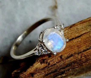 925 Sterling Silver Ring, Natural Rainbow Moonstone Ring, Engagement Ring - Picture 1 of 10