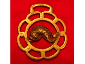 Antique Cast Horse Brass of an Heraldic Dolphin in a Scolloped Surround #m01 - Picture 1 of 4