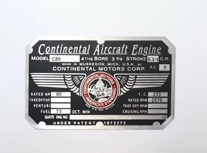 C85, placa de datos del motor Continental Motors, ¡¡bonito!! Aeronca, Piper Cub, Cessna 140 - Imagen 1 de 1
