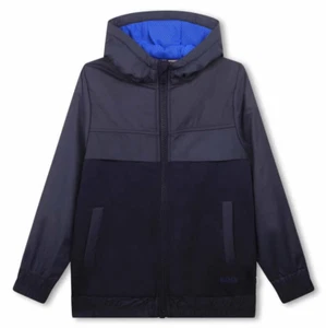 BOSS Boys Bomber Jacket Dark Blue Hooded Windbraker With Logo - Picture 1 of 6