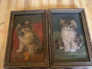 Vintage D. Merlin Embossed 3-D Cat Kitten Framed Puff Pictures - Picture 1 of 7