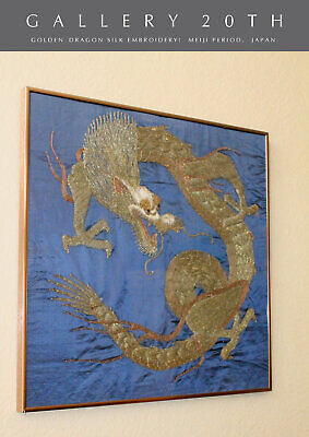 Superb Meiji (1869-1912) Japanese Silk Golden Dragon Embroidery! Feng Shui Power • 1,875$