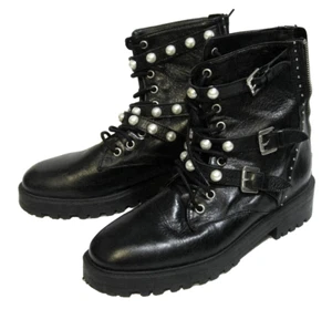 ZARA Basic Collection Women's Black Pearl Strap Lace Up Ankle Zipper Boots EU 38 - Picture 1 of 12