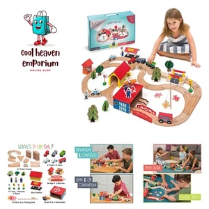 Train Set - 69 Pieces Wooden Train Tracks & Trains for Kids, Toddler Boys and... - Picture 1 of 9