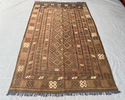 5x8 Vintage Afghan Kilim Rug – Tribal Geometric Flatweave in Warm Brown & Beige. - Image 1 of 4