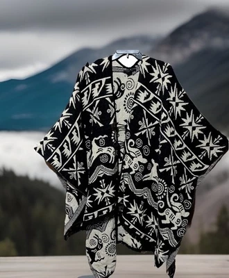 Poncho Soho Tejido Étnico Negro Estampado Animal de Alce Boho Hippy Algodón Capa Coachella Foto 1 de 4