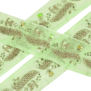 Sanskriti Vintage Handarbeit Borten Spitze Sari 1 Yard Bordüre grün Hand Perlen Zardozi  - Bild 1 von 7