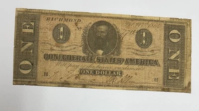 1864 CSA Confederate States of America $1 One Dollar Note~RARE~Clement C. Clay - Image 1 of 2
