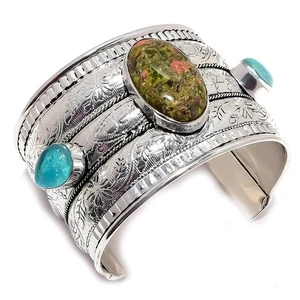 Bracciale Unakite, pietra preziosa opale fatto a mano in argento sterling... - Foto 1 di 5
