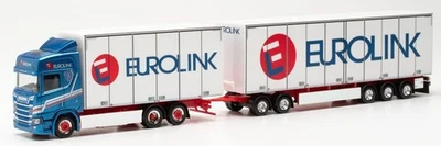 HERPA, SCANIA 6x2 CR 20 HD con Dolly e rimorchio a 3 assi EUROLINK blu, 1/87,... - Immagine 1 di 4