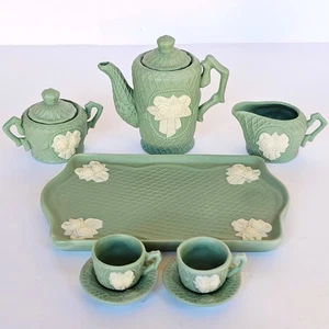 Vintage Jasperware Green Bisque Rose Miniature Tea Set Victorian Heirloom 1577 - Picture 1 of 12