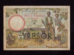 Francia/Córcega: P-112b, 1000 francos, 1942 * BÓVEDA * Banque De L'Algerie * En estado bastante bueno- * - Imagen 1 de 2