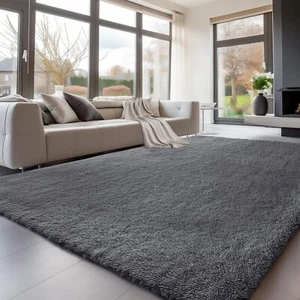 Hochflor Teppich Dunkelgrau kuschelweich luxuriös für Wohnzimmer Schlafzimmer - Bild 1 von 8
