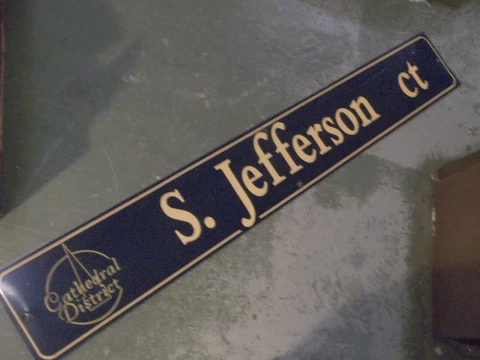 Vintage S. JEFFERSON av Cathedral District Street Sign 60" X 9" -GOLD on NAVY Cover
