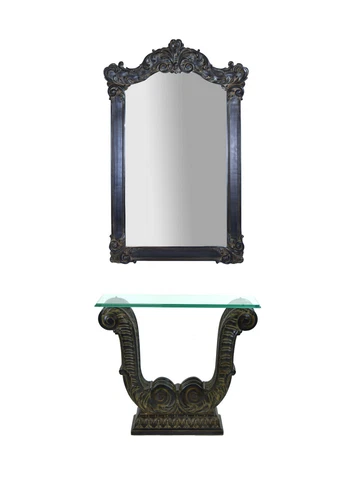 Vintage Sinkel Spanish Rococo Heavily Carved Wood Console Table w Wall Mirror Cover