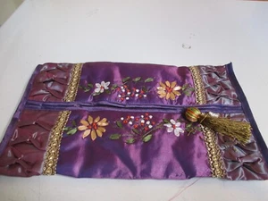 Thai Silk Tissue Box Cover Satin Purple w Raised Floral Design Gold Trim - Picture 1 of 9