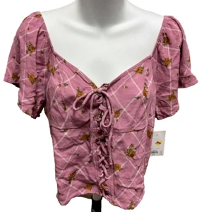 So Womens Off the Shoulder Shirt Size Medium Pink Floral New Juniors Casual Top - Picture 1 of 12
