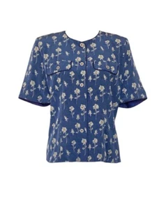 Vintage James Meade 80s 100% Silk Blue Rose Floral Shirt Size 12 Collarless VGC - Picture 1 of 5