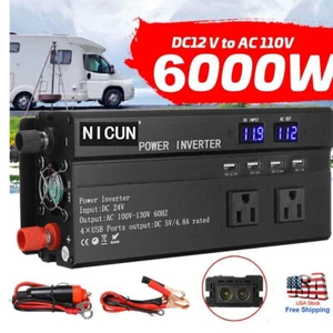 6000W Car Power Inverter DC 12V To AC 110V LCD Sine Wave Home RV Solar Converter - Picture 1 of 12