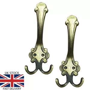 Antique Style Cast Old Brass Wall Mounted Double Coat and Hat Hooks - Picture 1 of 9