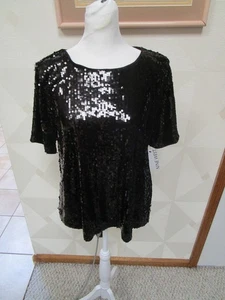 LAUREN CONRAD-NEGRO-LENTEJUELAS-MANGA CORTA-CORBATA CUELLO TRASERO-BLUSA-TOP-TALLA-M-NUEVO CON ETIQUETAS - Imagen 1 de 4