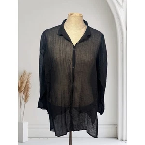 EILEEN FISHER Hemdbluse schwarz M Crosshatch Voile transparent Knopfleiste kastig leicht - Bild 1 von 10