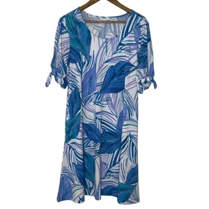 Vestido Tropical Susan Graver LP Azul Púrpura Hoja Verano Manga Corbata Ligero - Imagen 1 de 5