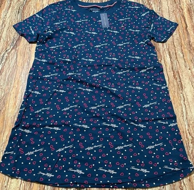 Tommy Hilfiger Pijama Camisa para Dormir Azul Marino Escritura Logo Corazones Camisón Mediano  Foto 1 de 3