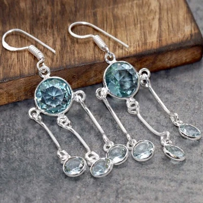 Pendientes largos enchapados en plata 925 facetados con topacio azul 2,3" bien hechos regalo JW Foto 1 de 3