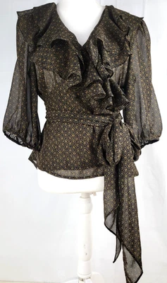 Lauren Ralph Lauren Ruffle Wrap Top 3/4 Blouson Sleeves Black Tan Women's Large - Image 1 of 4