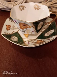 Vintage Porcelain Tea Cup Saucer Hexagon Green Quilt - Picture 1 of 8