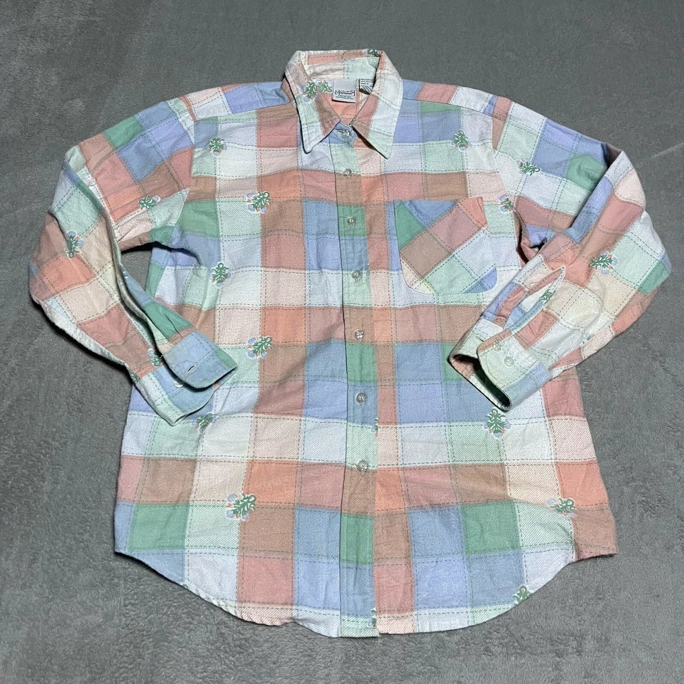 Винтажная женская фланелевая рубашка Haband средний размер в клетку с цветочным рисунком Grandmacore - Изображение 1 из 4