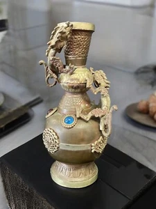 Vtg hammered Copper/ Brass 8.5" Vase With Metal Double Dragon- Multicolor Stones - Picture 1 of 23