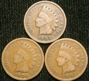 1903 1904 1905 1c Indian Head Cent Penny Set Lot , All 3 Coins , Circulated - Picture 1 of 2