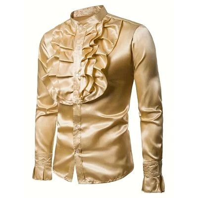 Stand-up Collar Men's Long Sleeve Shirt Cosplay Victorian Clothing Lg 40 Gold - Image 1 of 4