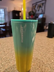 Starbucks 2021 Summer Ombré Teal & Yellow Stainless Venti 24 OZ Tumbler  - Picture 1 of 7