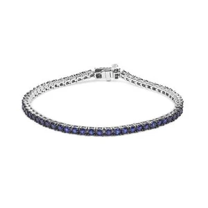 .925 Sterling Silver 5 3/4 Cttw Round Created Blue Sapphire Tennis Bracelet - Picture 1 of 6