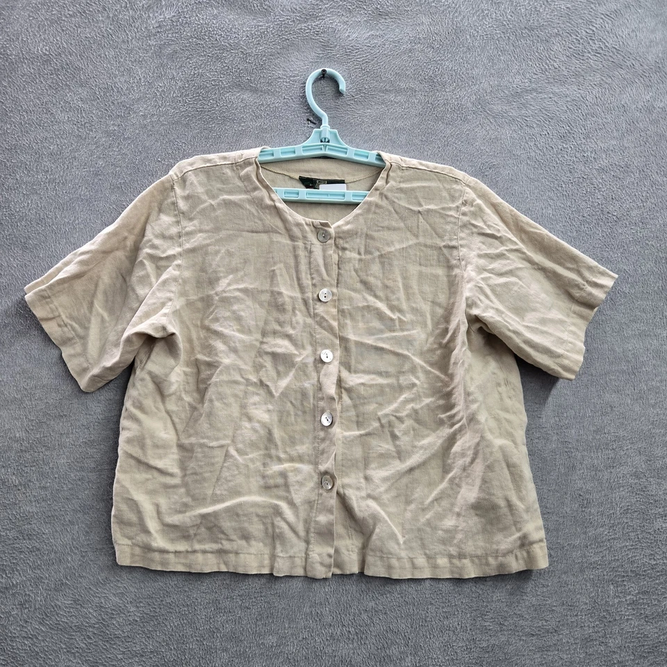 VINTAGE Orvis Women Button Up Shirt LARGE Brown USA Linen Crew Neck Front - Изображение 1 из 4
