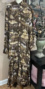 Farm Rio  Long Sleeves Malocas Beige Silky 58" Long  Dress Size L  $315 - Picture 1 of 16