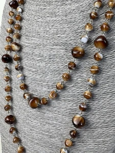Vintage Round Beaded Brown Agate Stone Necklace 50" Long - Picture 1 of 12